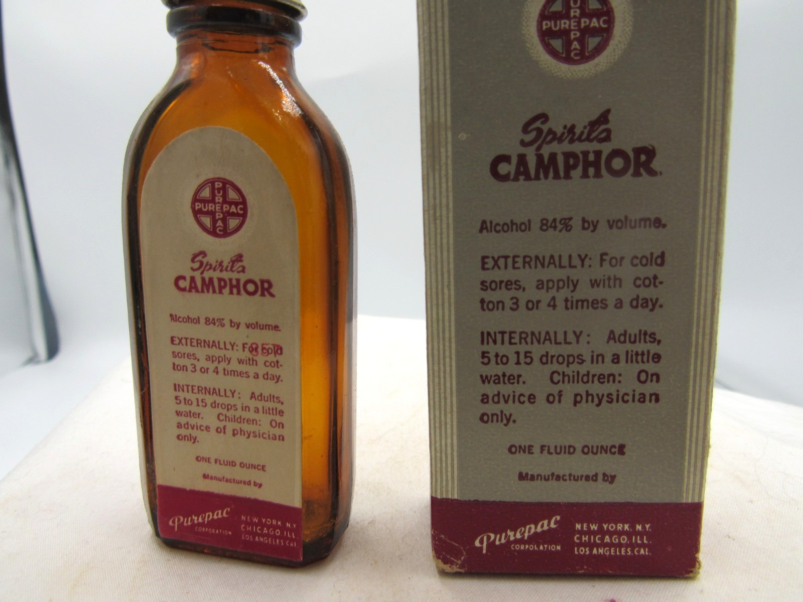 MM – 1940’s Purepac Camphor New York Chicago Ill 3 3/4″ Amber Medicine bottle