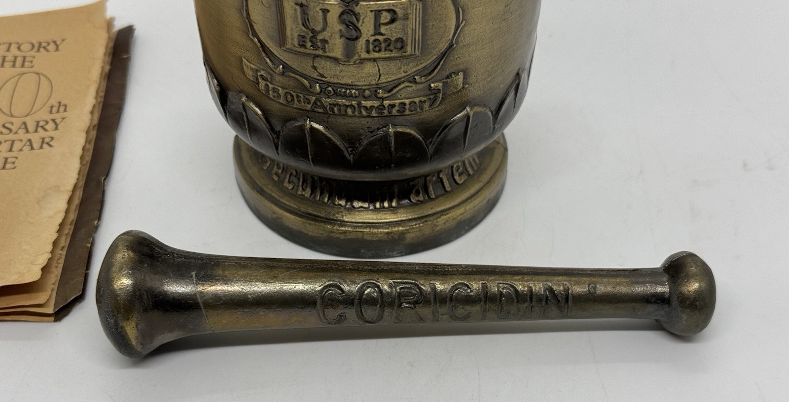 VINTAGE BRASS MORTAR & PESTLE 150TH ANNIVERSARY SCHERING STAMPED W/Orig Booklet