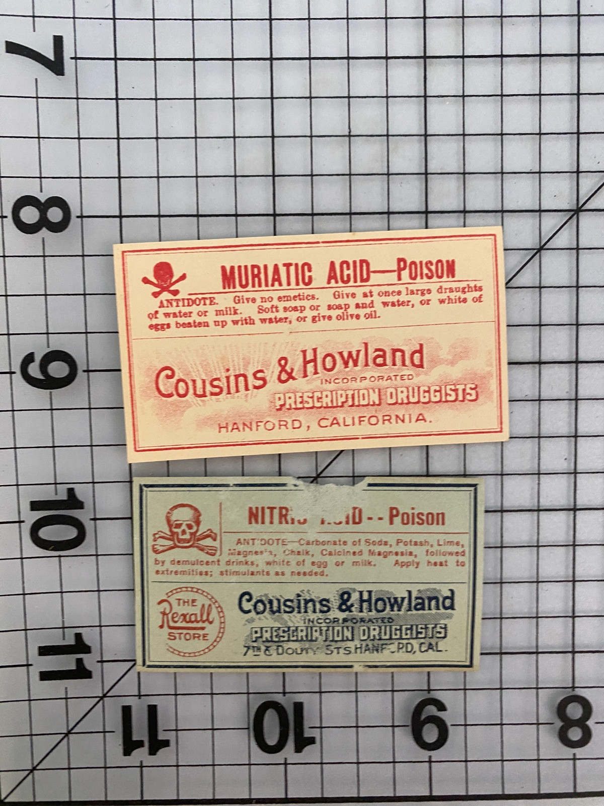 COUSINS HOWLAND Druggist Pharmacy Hanford California Label Muriatic Acid Nitric