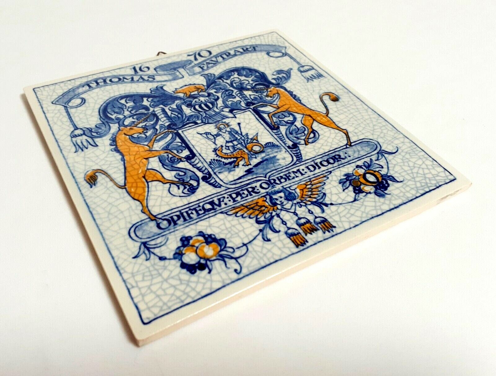 BLUE DELFT HOLLAND HANDMADE PILL TILE BURROUGHS WELLCOME CO. 1988 ORIGINAL BOX!