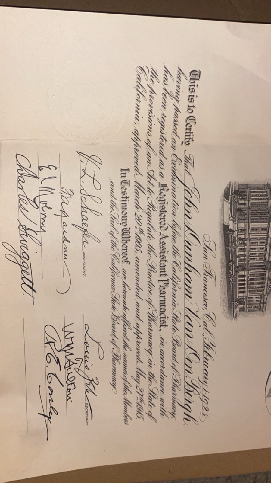 Antique California State Board of Pharmacy Certificate 1928