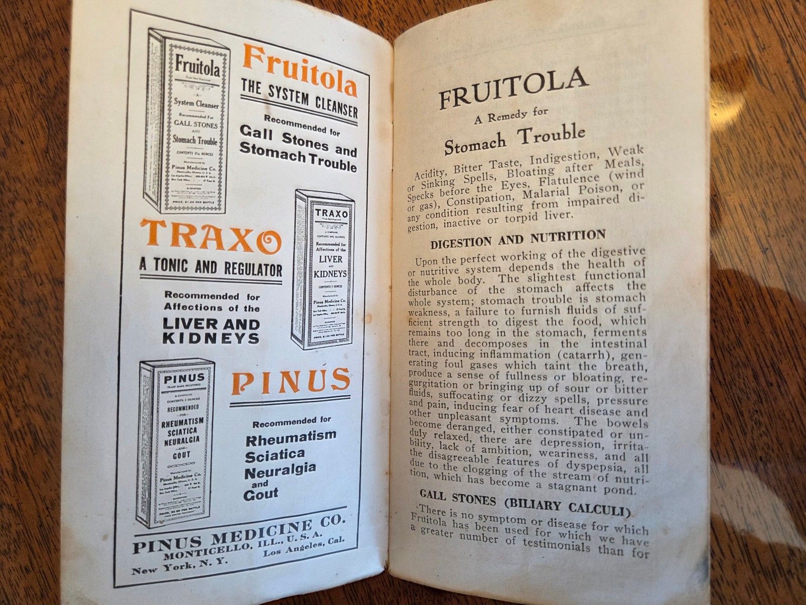 Vtg PINUS MEDECINE CO c 1911 Advertising Brochure FRUITOLA TRAXO Pharmacy Bottle