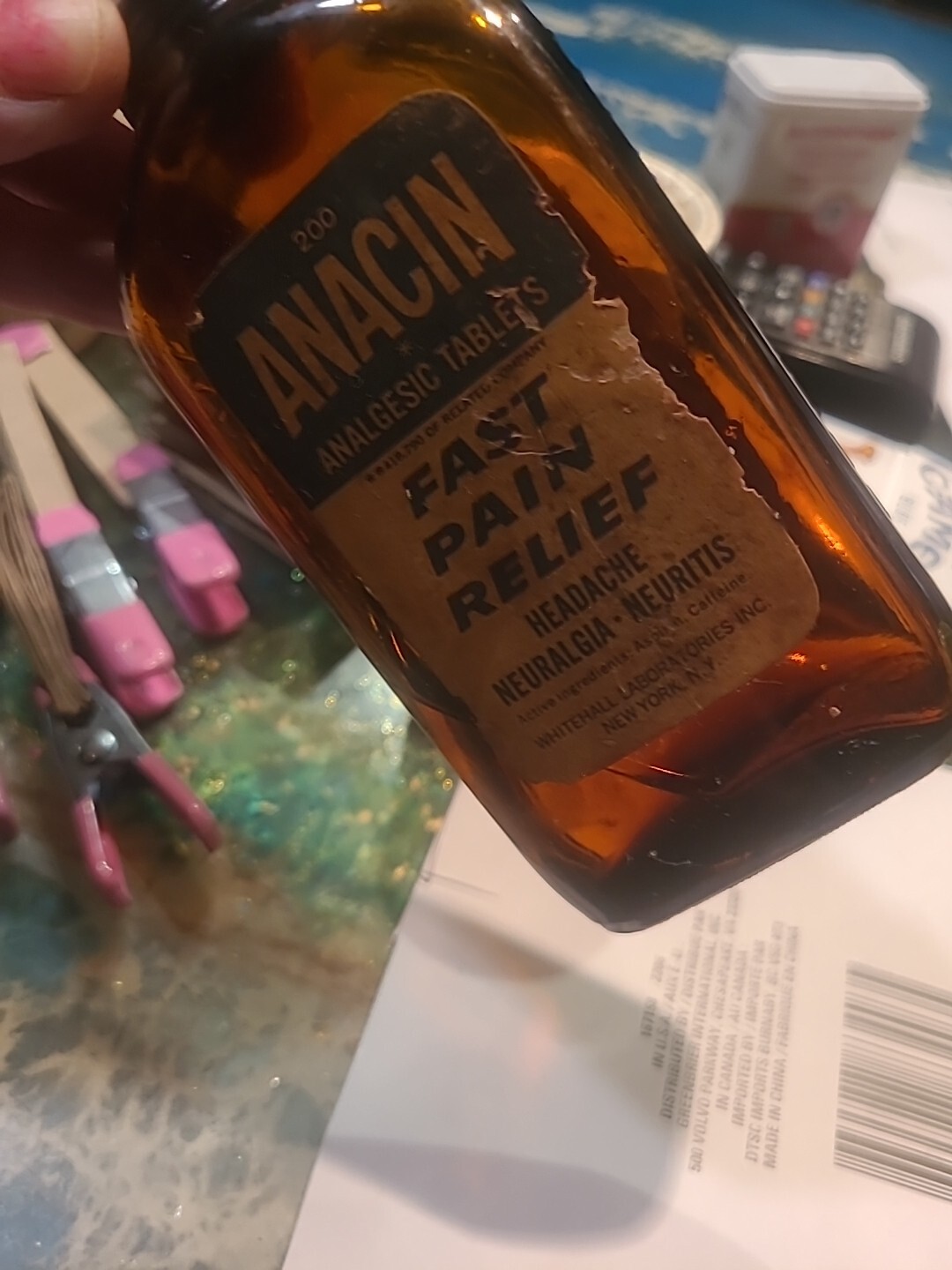 Vintage Anacin Analgesic 200 Tablets Brown Glass Bottle Metal Lid Paper Label