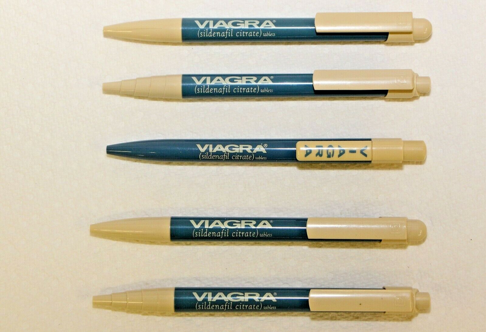 Pharmaceutical 5 Plastic Drug Rep Collectible Pens Viagra Blue and Cream