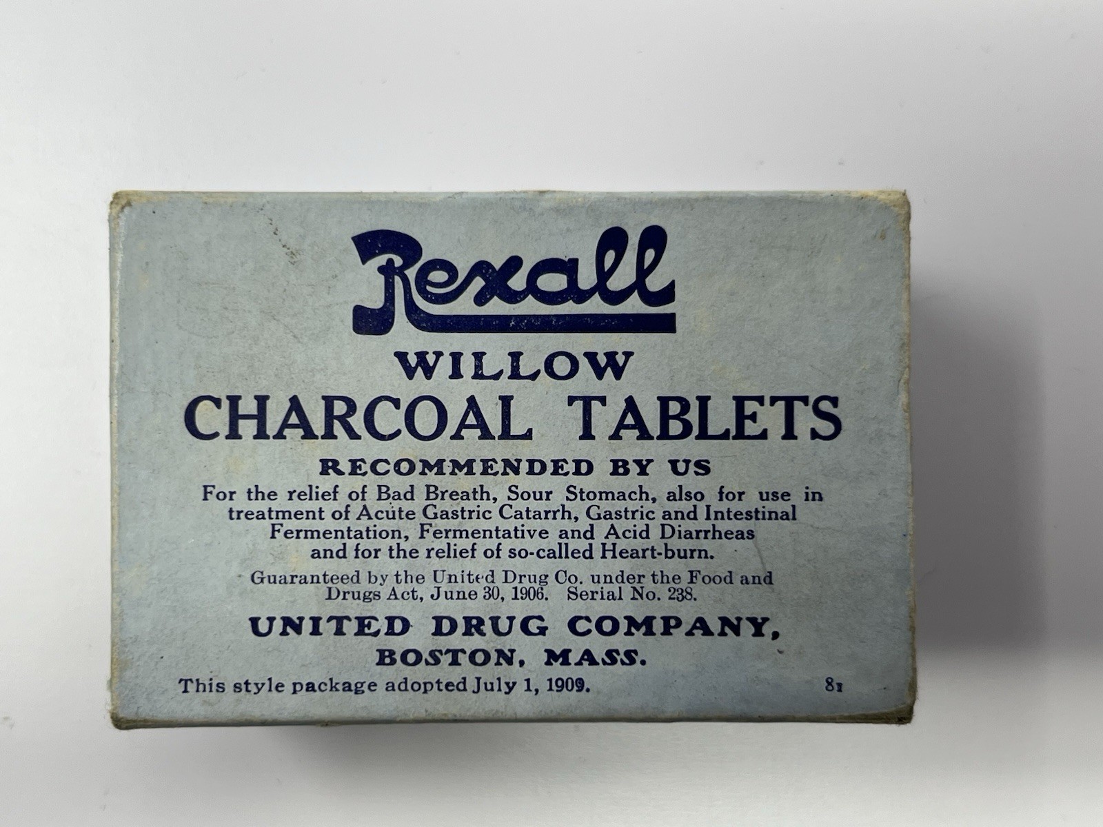 Vintage Rexall Willow Charcoal Tablets Box – Early 1900s Pharmacy Packaging