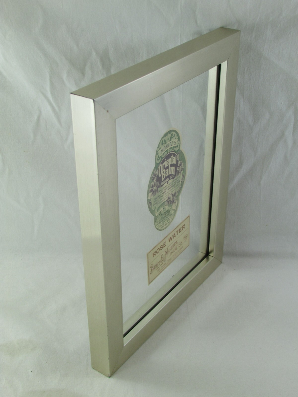 Vintage Burt E. Moritz Druggist -Oriental Balm, Rose Water Bottle Labels & Frame