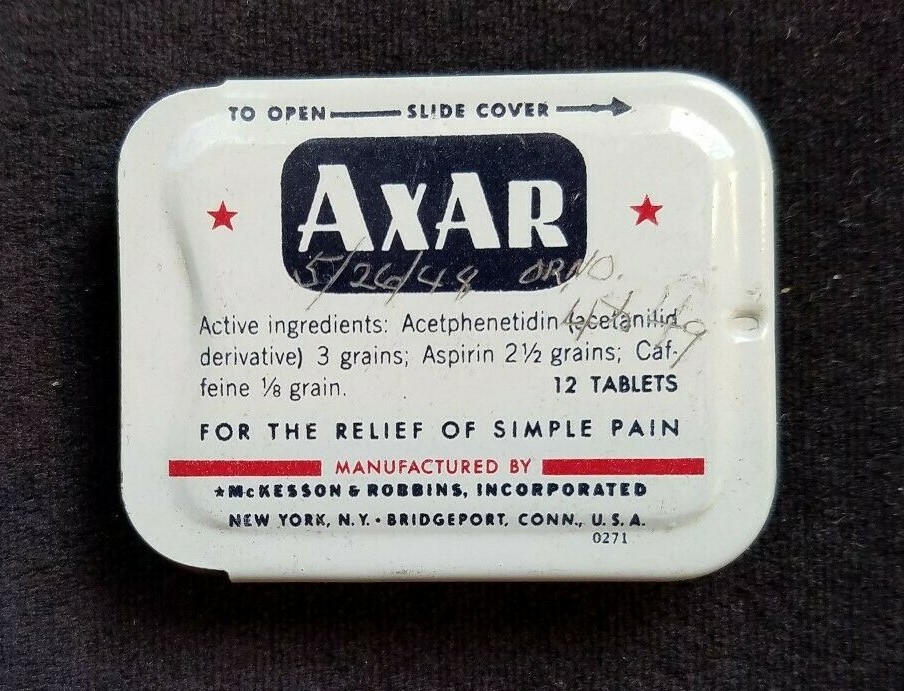 Old Advertising Pain Medicine Tin AXAR McKesson Robbins NY Bridgeport CT Tooth