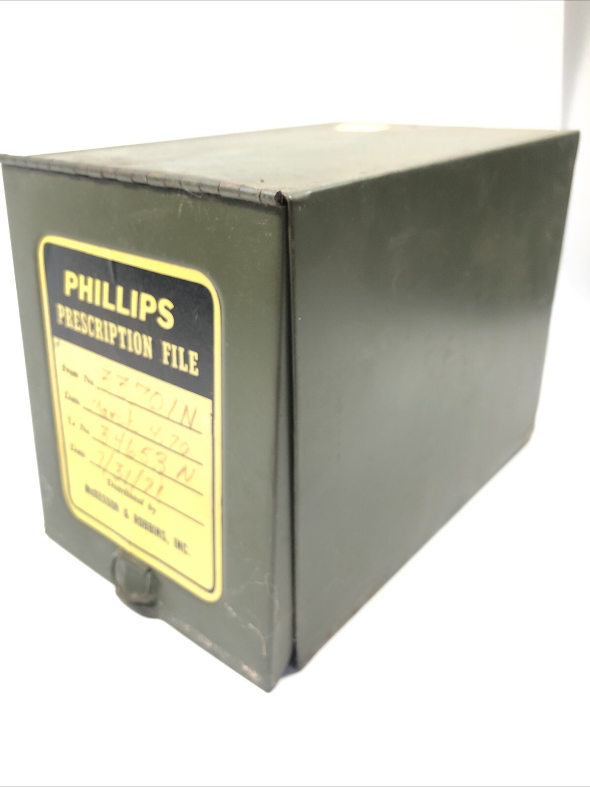 Vintage Phillips Metal File Pharmacy Prescription Box Industrial Rx Green