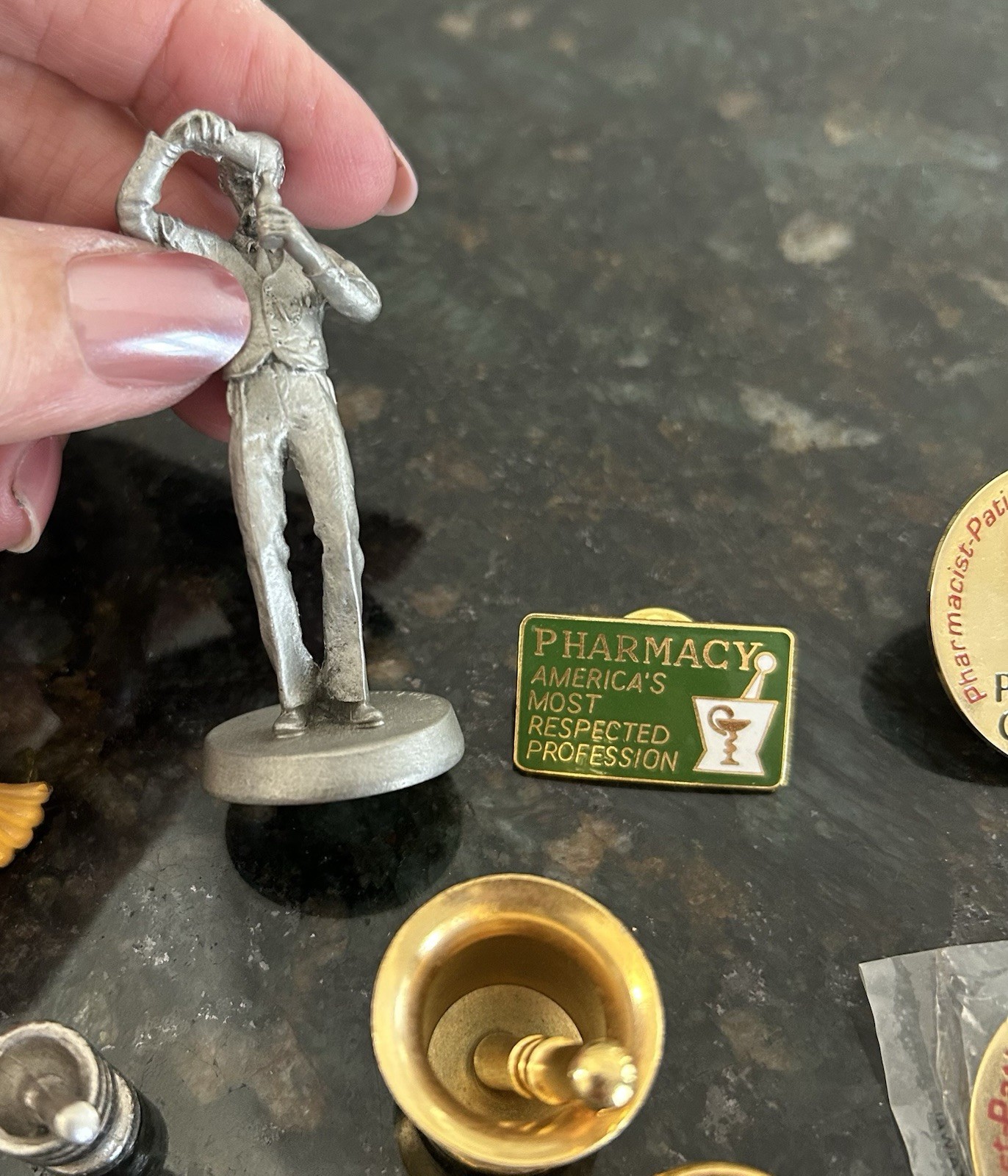 Vtg Pharmacy Pin Lot 1980 Pewter Figurine 1972 Stamp Pins Apothecary Rx Badge