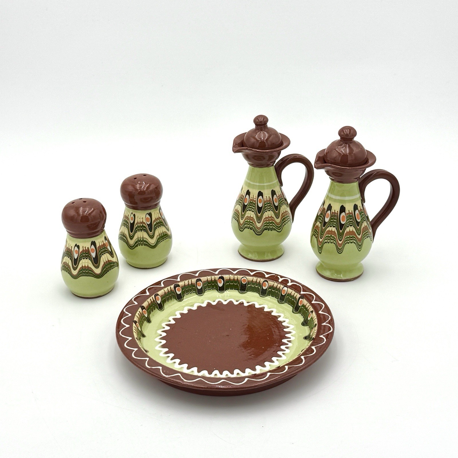 Vintage Bulgarian Peacock eye Dripware Pottery 5-Piece Condiment Set