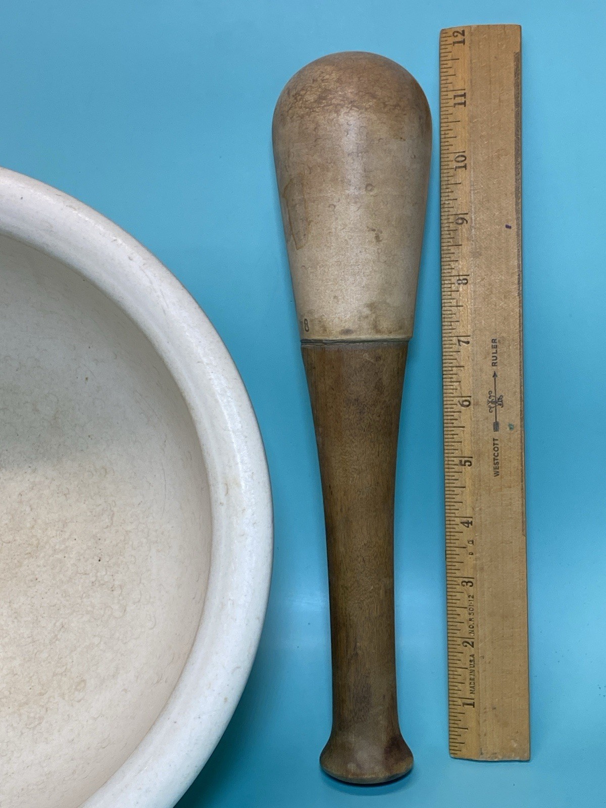 Vintage MORTAR & PESTLE Ceramic & Wood Pharmacy Apothecary HUGE 10” WH3