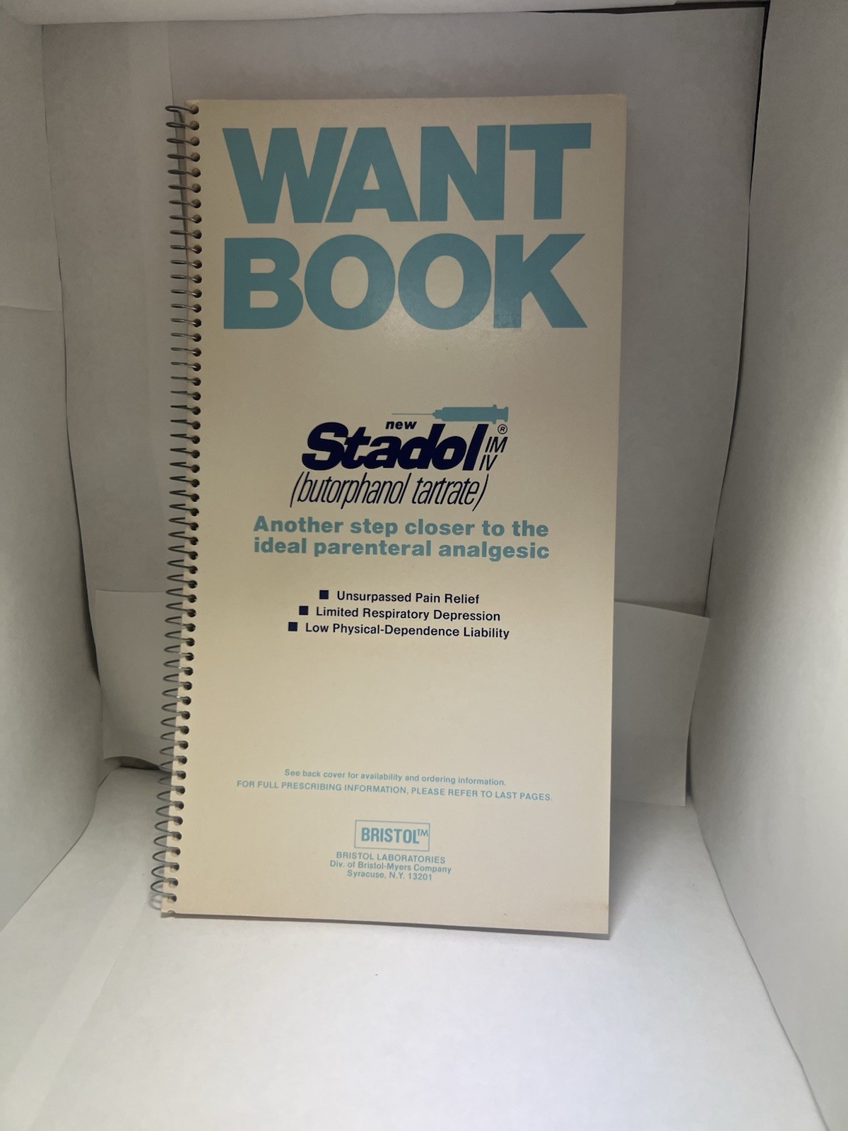 Vintage 1978 Stadol Opioid Promo Want Book – Bristol Labs Pharma Advertising