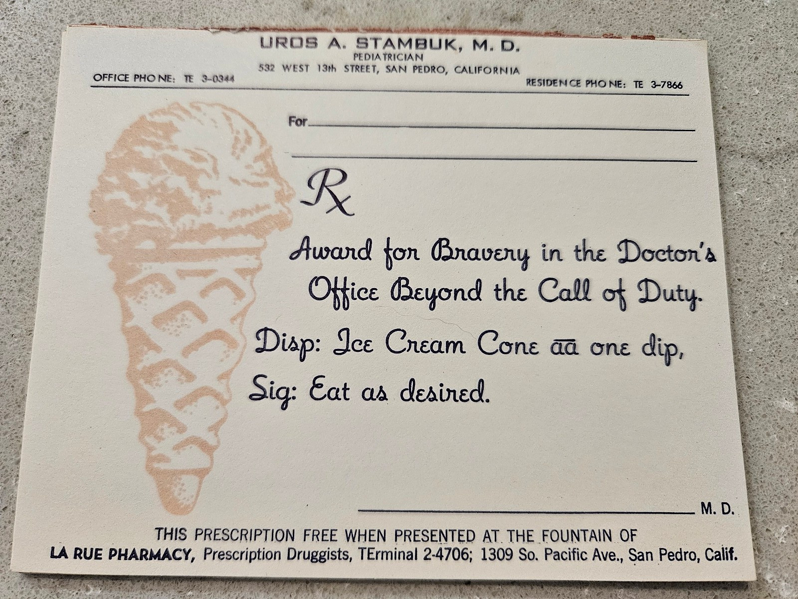 Vintage Pediatrician Ice Cream Reward Prescription Dr Stambuk San Pedro CA c1950