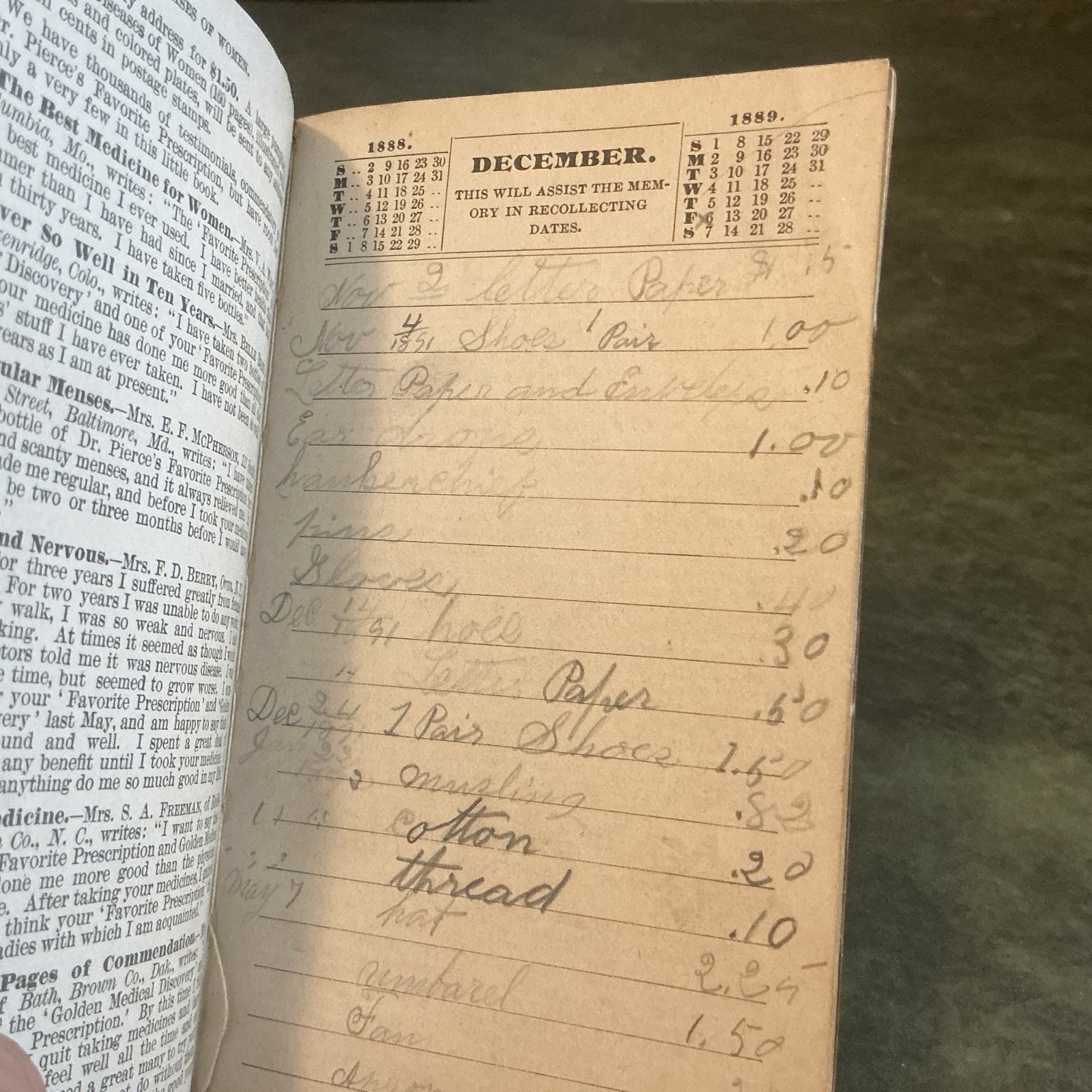 1887 Pierce’s MEDICAL DISPENSARY Memo Book Drug Advertising Antique