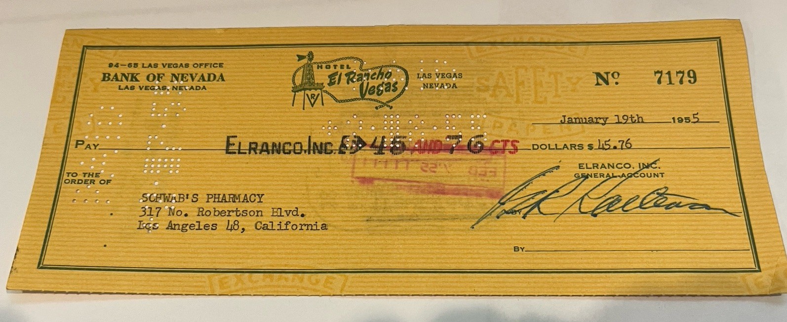 El Rancho Vegas Canceled Check To Schwab’s Pharmacy 1955 Los Angles California