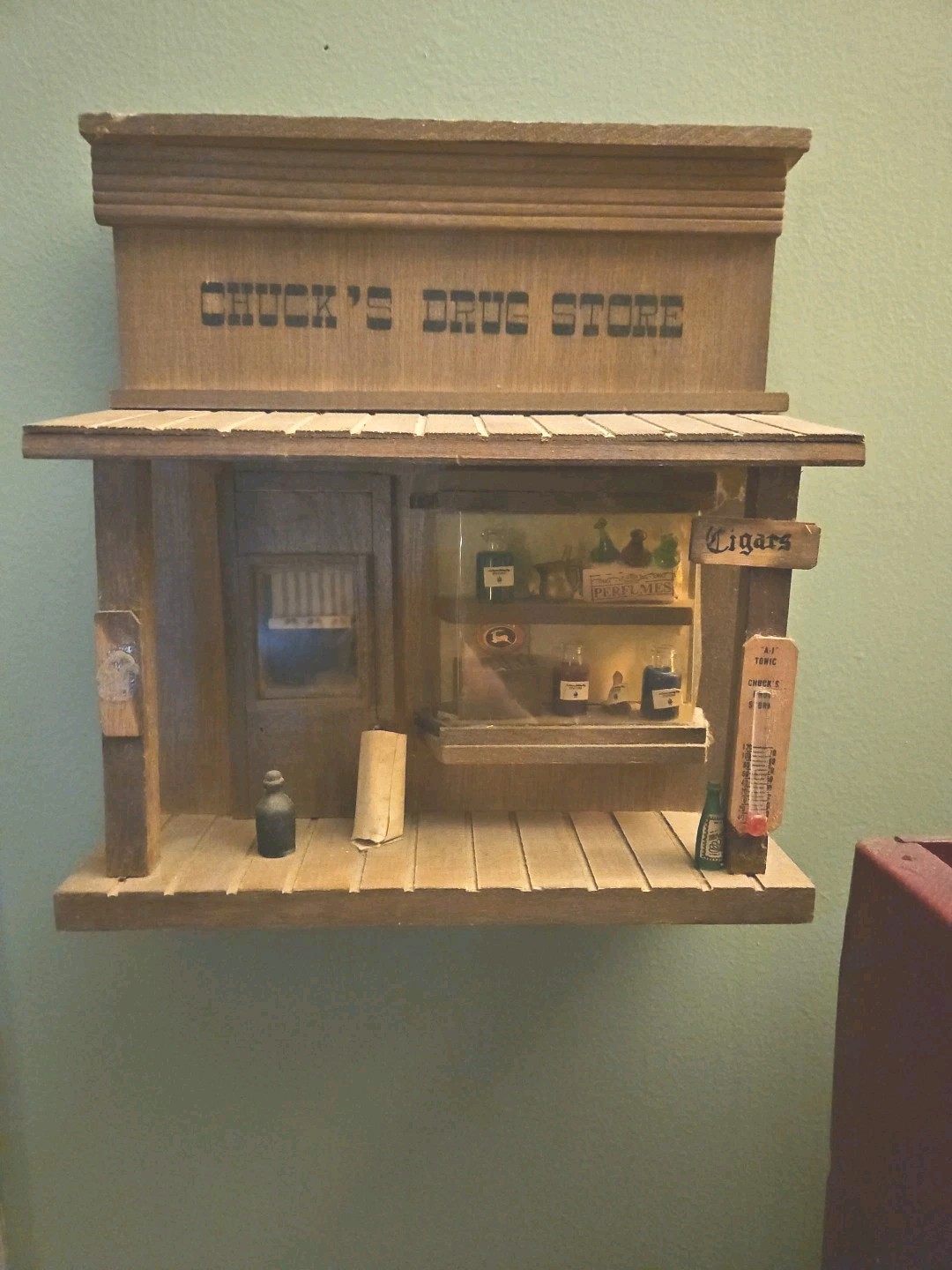 Vintage 3D Wooden Chucks Drug Store 8.5×9