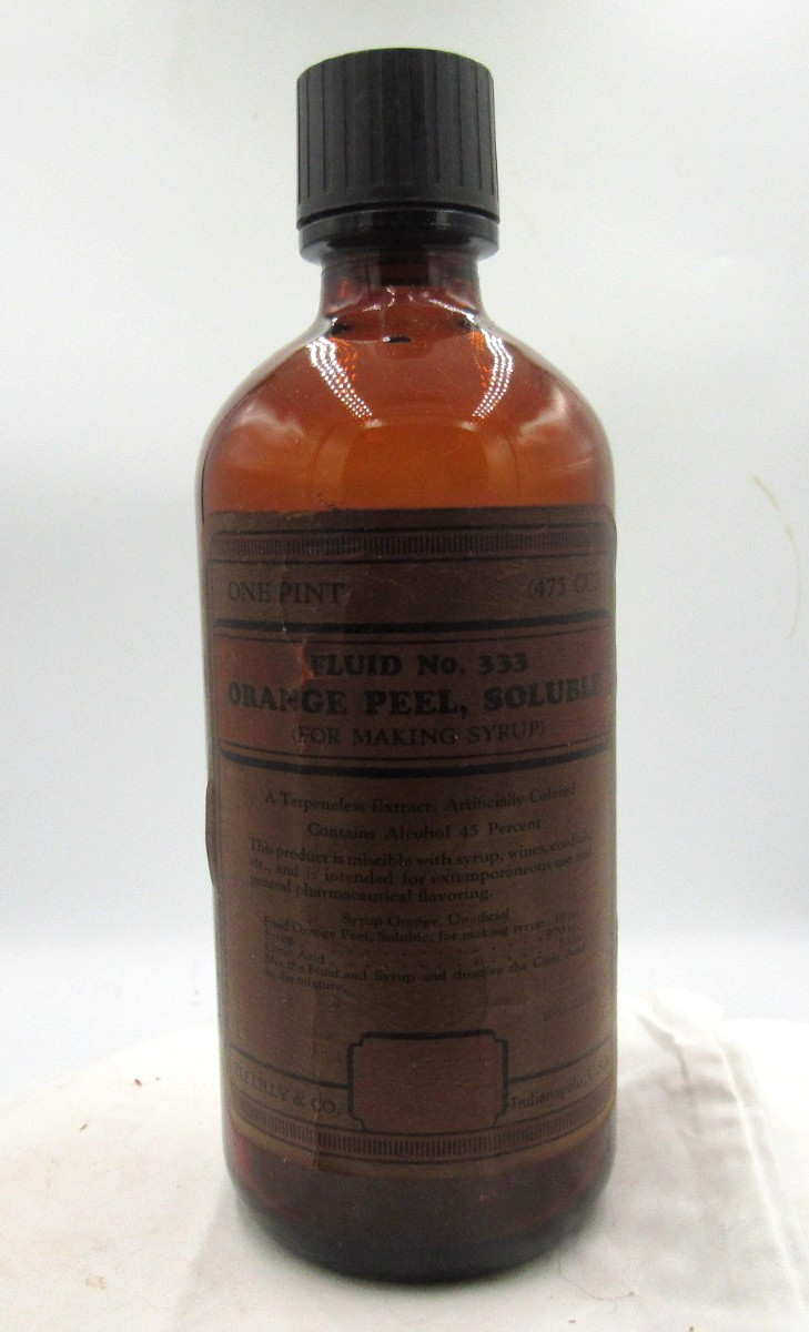 MM – 1940’s Eli Lilly Orange Peel Soluble Indianapolis 8″ Amber Medicine bottle