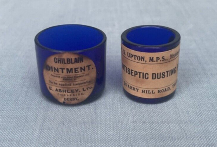 UNUSUAL ANTIQUE MINIATURE BRISTOL BLUE CHEMIST JARS WITH ORIGINAL CHEMIST LABLES