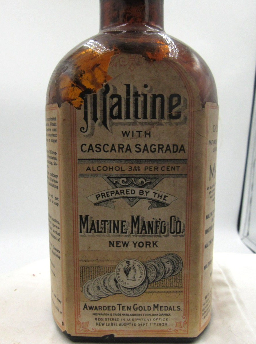 1890’s Maltine Mfg Co Cascara Sagrada New York 7 3/8 ” Amber Medicine bottle