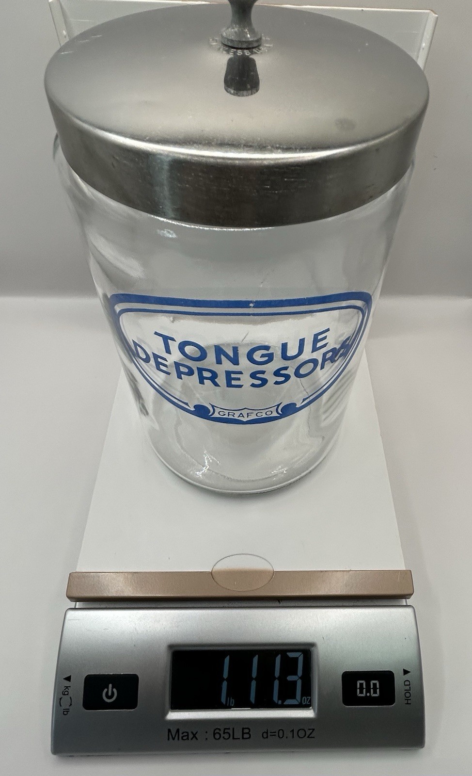Grafco Medical Apothecary Glass Jar Stainless Lid Blue Letters Tongue Depressors