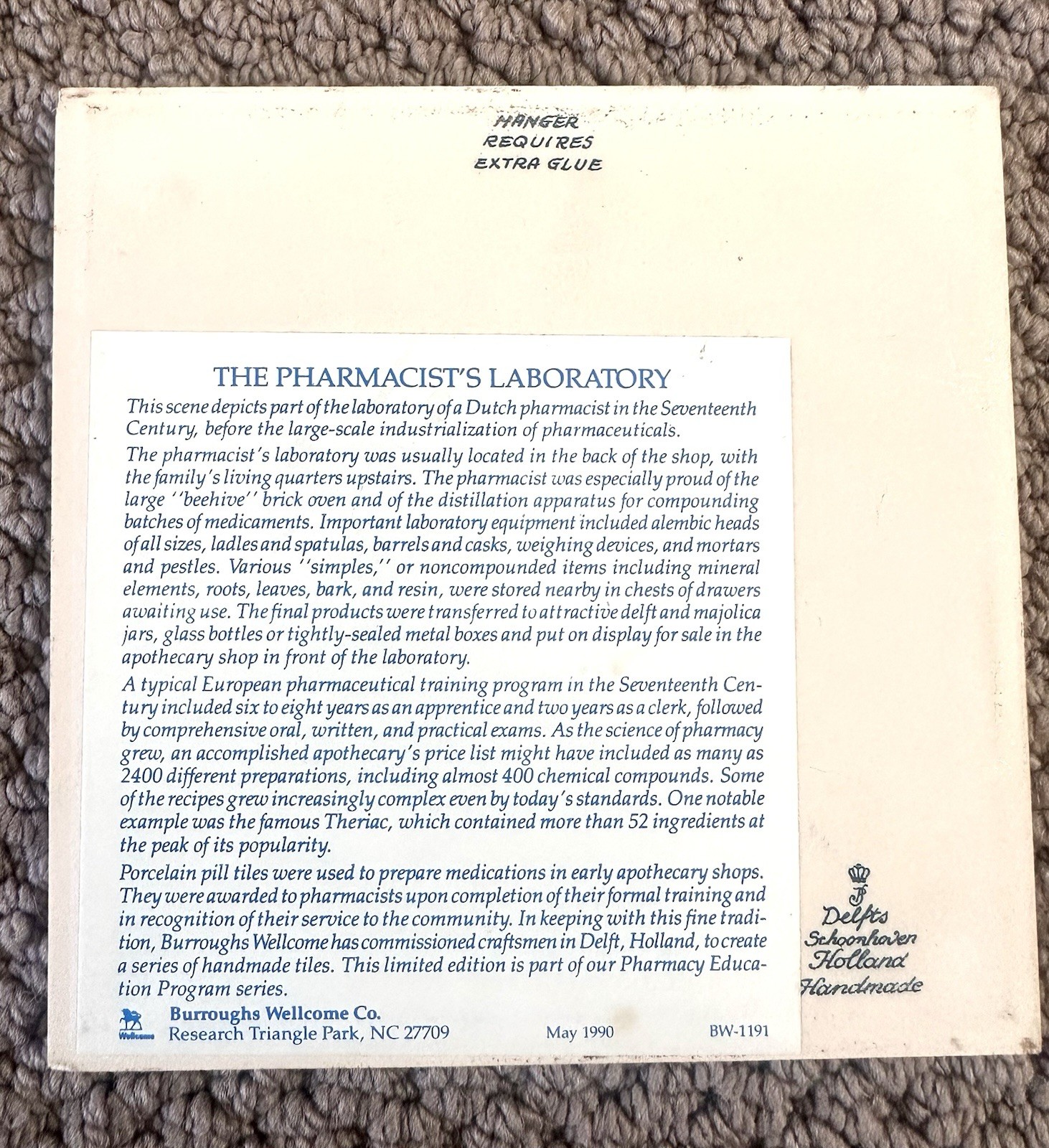 Vintage 1990 Delft Holland Blue Hand Painted Porcelain Tile Early Pharmacist 6×6