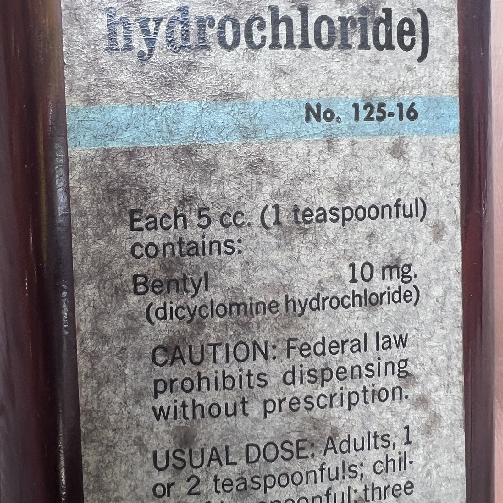 Vintage Bentyl Phenobarbital Merrel EMPTY Amber Pharmacy Bottle 125-16 1950′