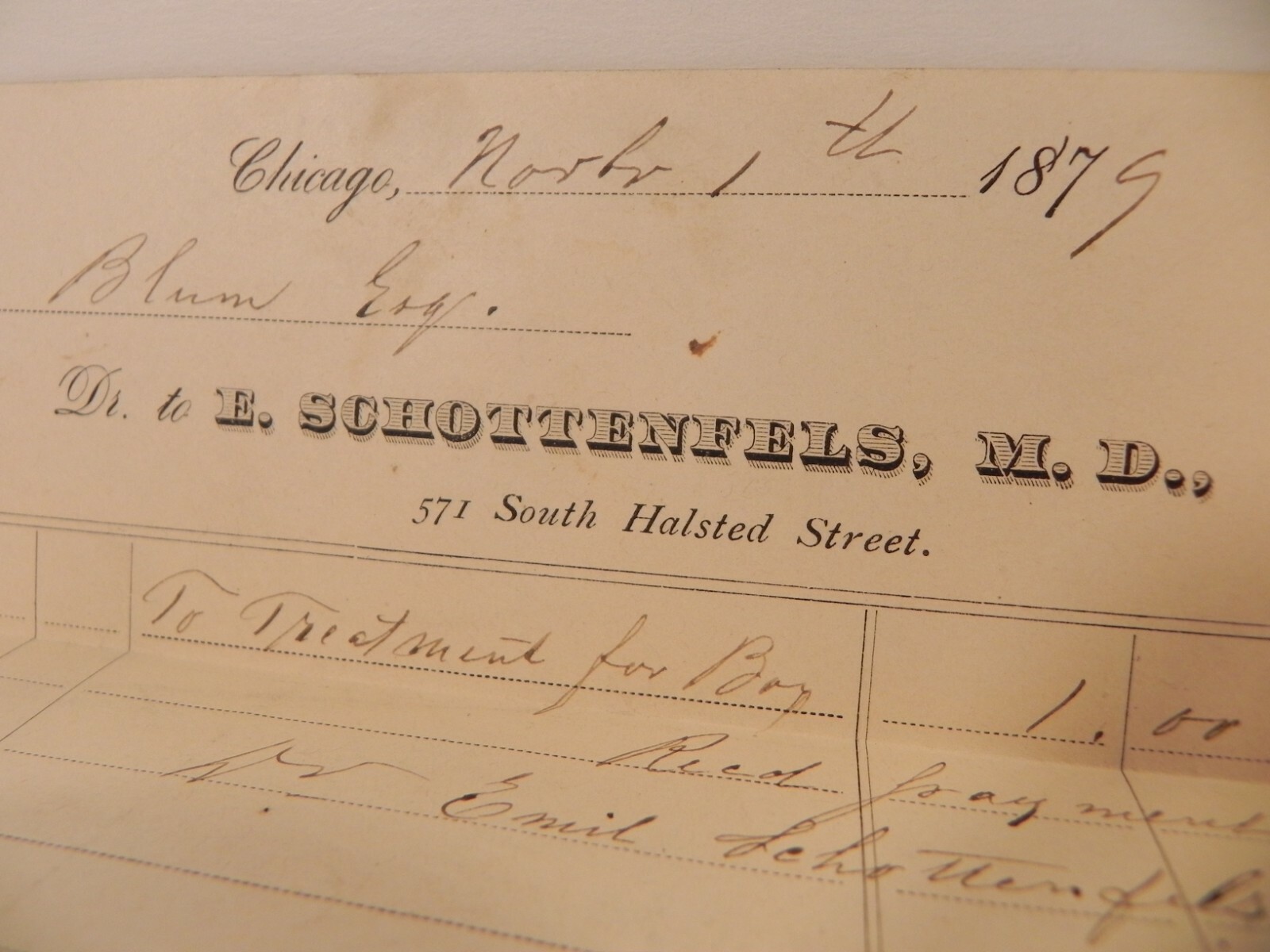 Antique 1879 receipt note paper Chicago IL Dr. E. Schottenfels ephemera