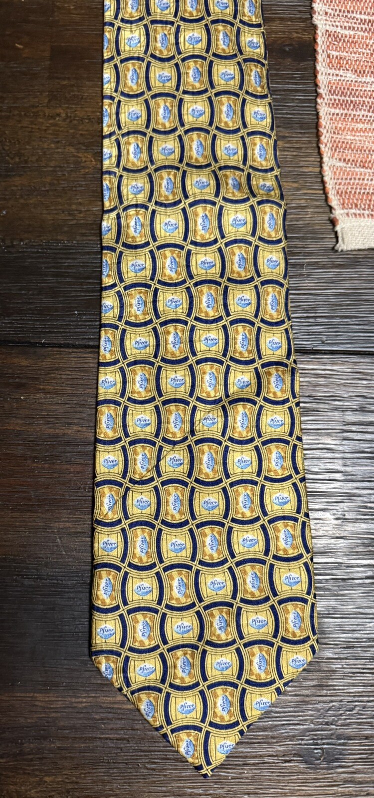 🔥Pfizer Viagra Drug Rep Promo Neck Tie Gold Navy 100% Silk Little Blue Pill 59”