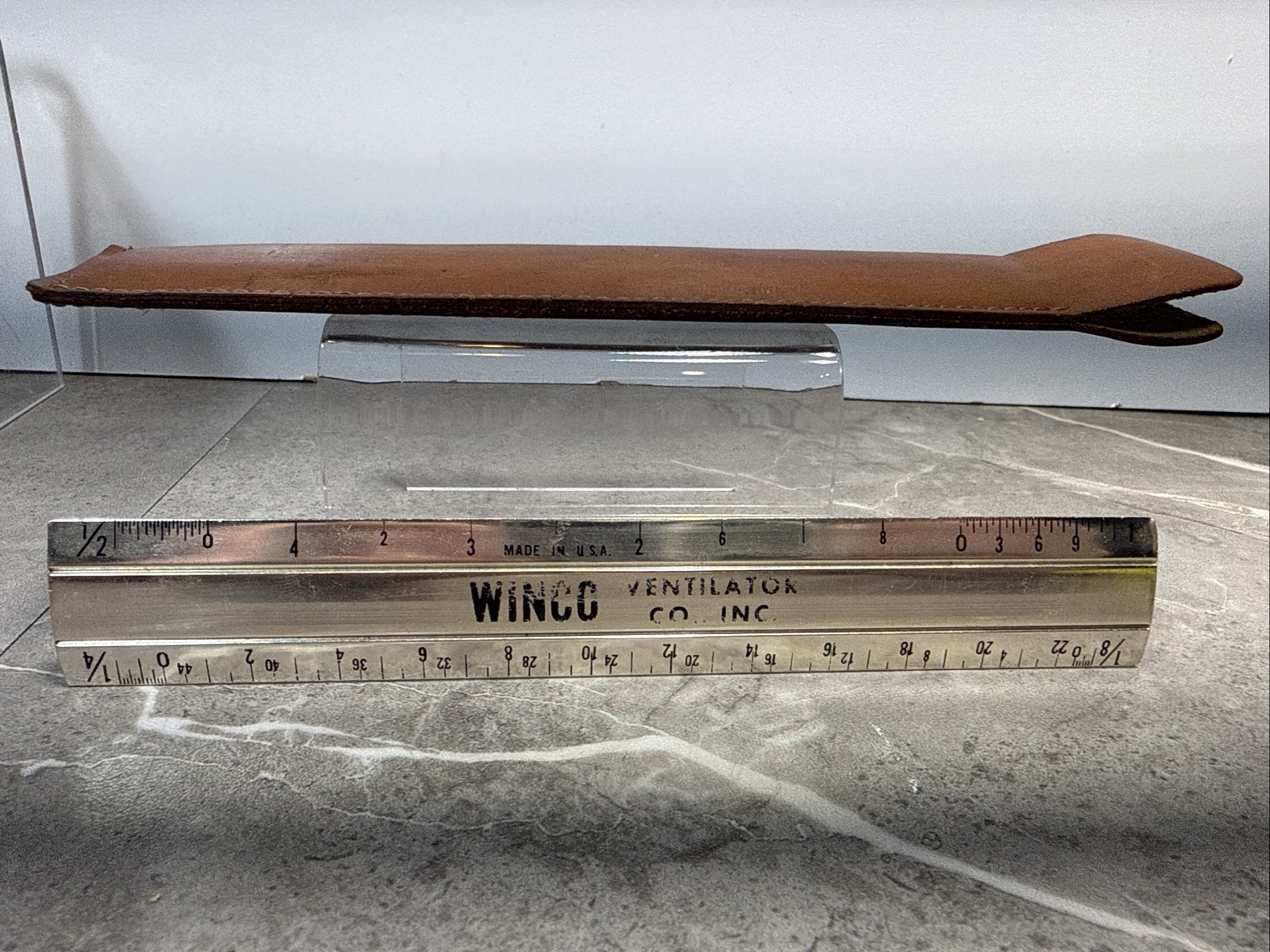 Vintage Metal Medical Advertising WINCO Venilator Co Ruler W/ Leather Pouch