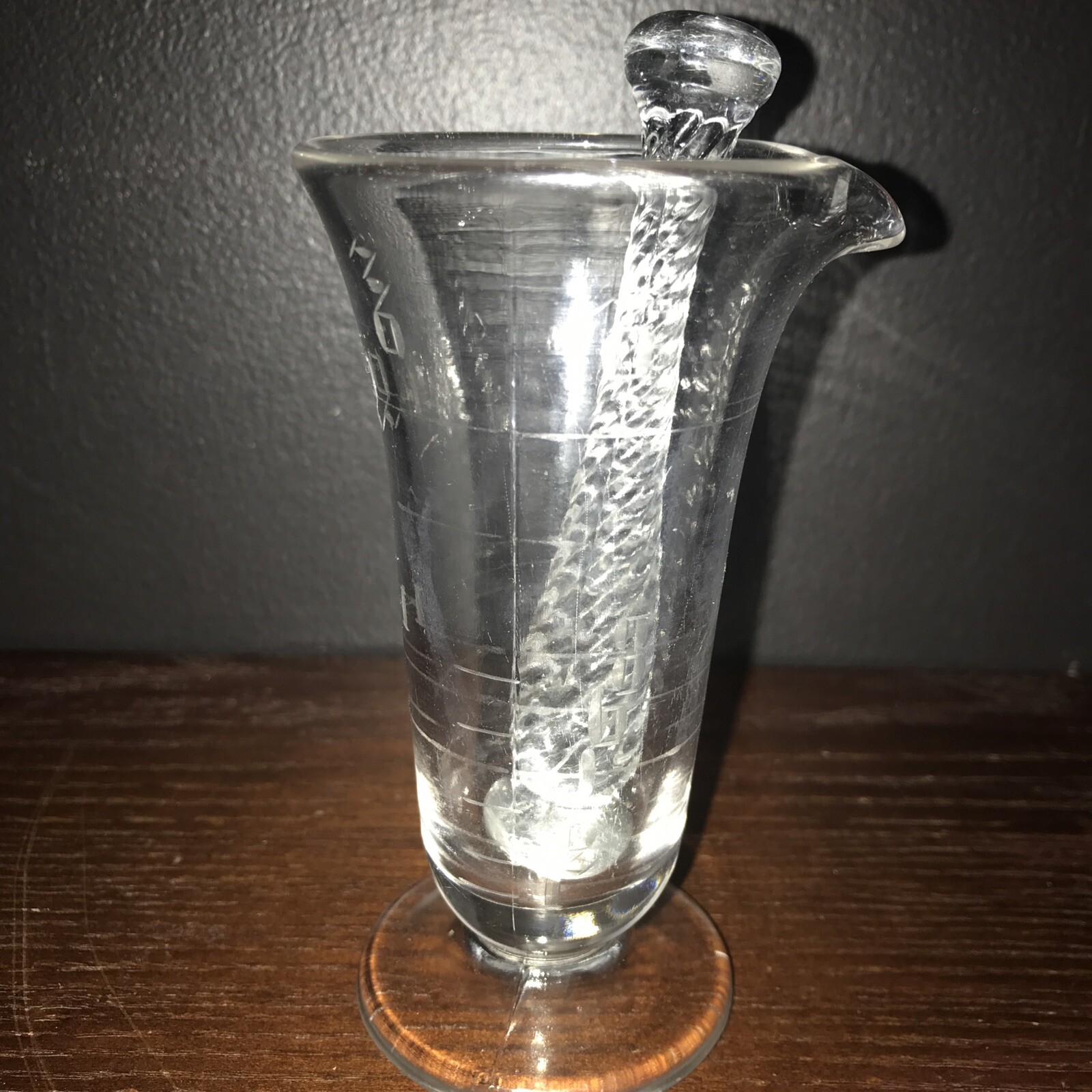 1940’s Mortar Pestle Clear Glass Beaker Apothecary Etched Footed Spout Mixology