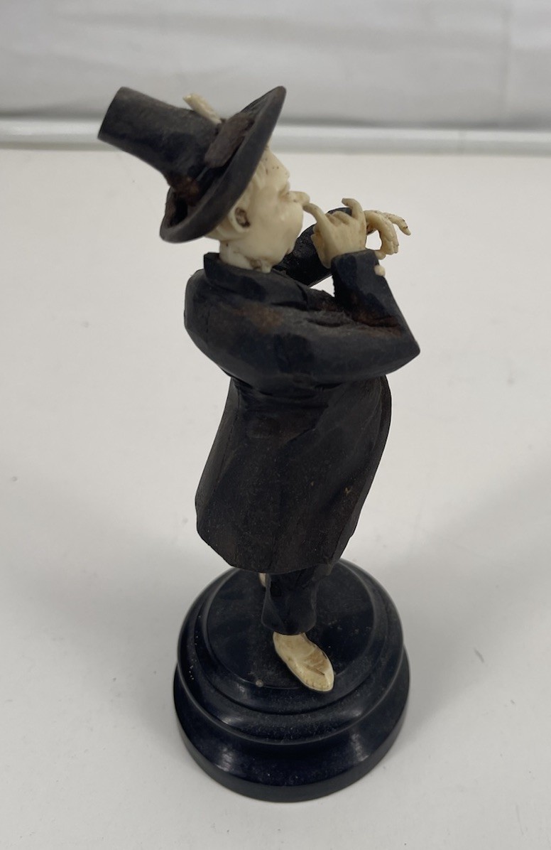 Vintage Hand Carved Chinese Ebony Figurine Boy Playing Flute on Wooden Base