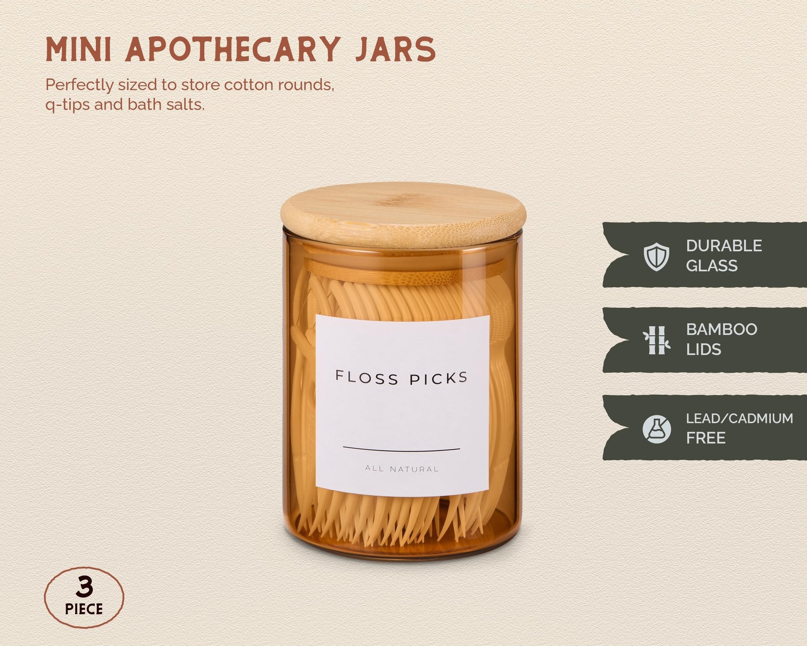 Vase and Vessel Mini Glass Apothecary Jars with Bamboo Lids, Small Bathroom a…