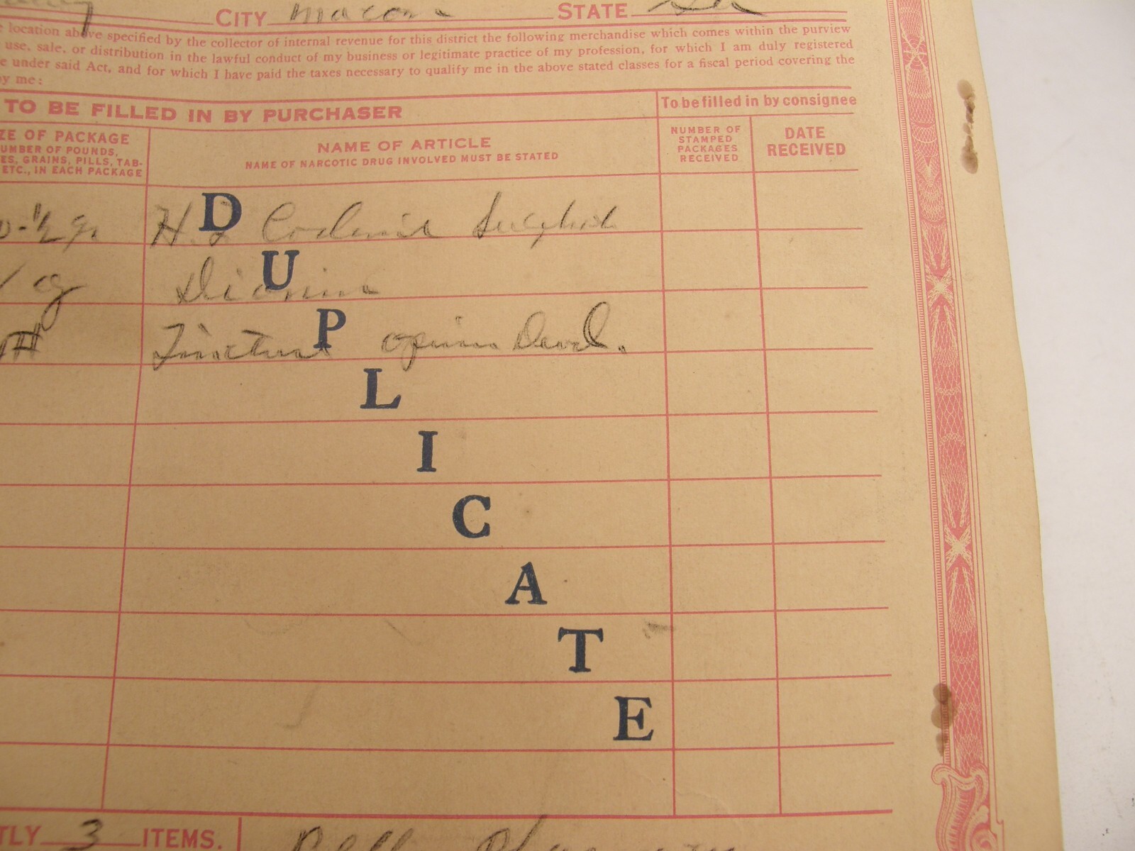 VINTAGE 1936 US TREASURY DEPT REVENUE FORM COCA LEAVES OR OPIUM MACON GEORGIA