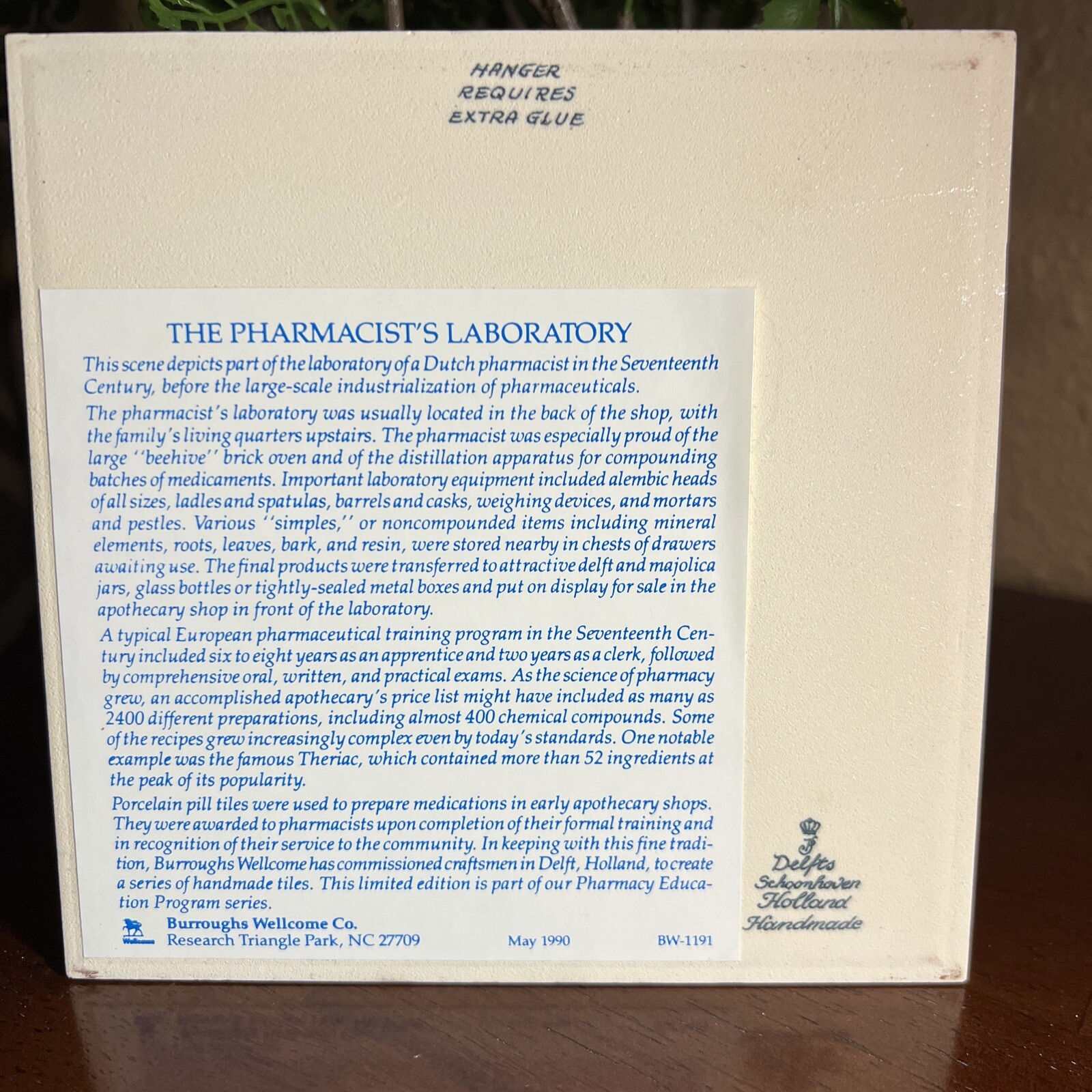 Handmade DELFT Tile Pharmacist Laboratory BURROUGHS WELLCOME Unicorns