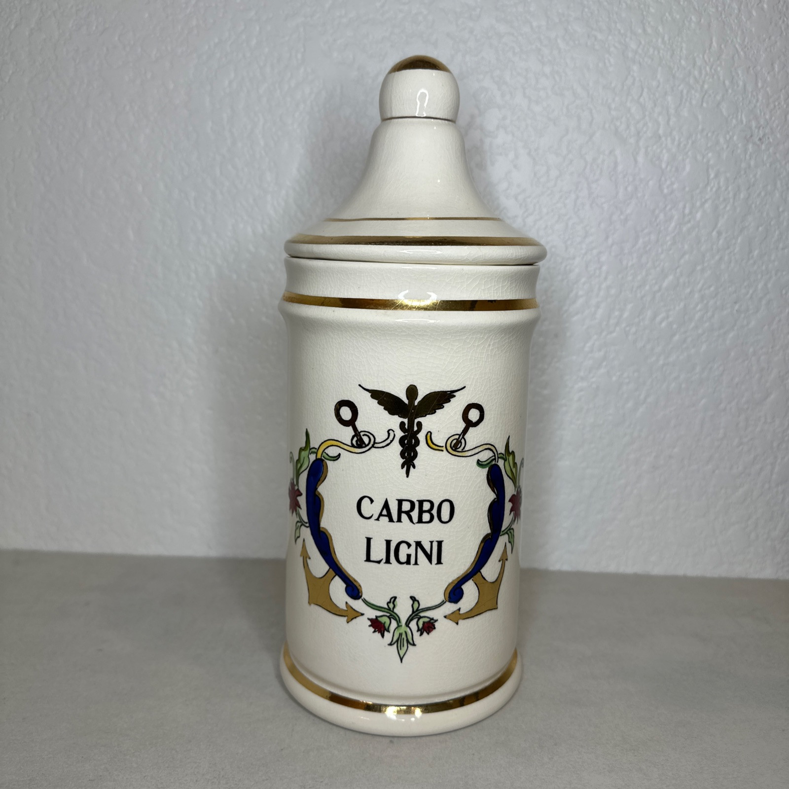 Vintage Jeanne Robinette Ceramics~Carbo Ligni Apothecary Jar, Rexall Drug Store