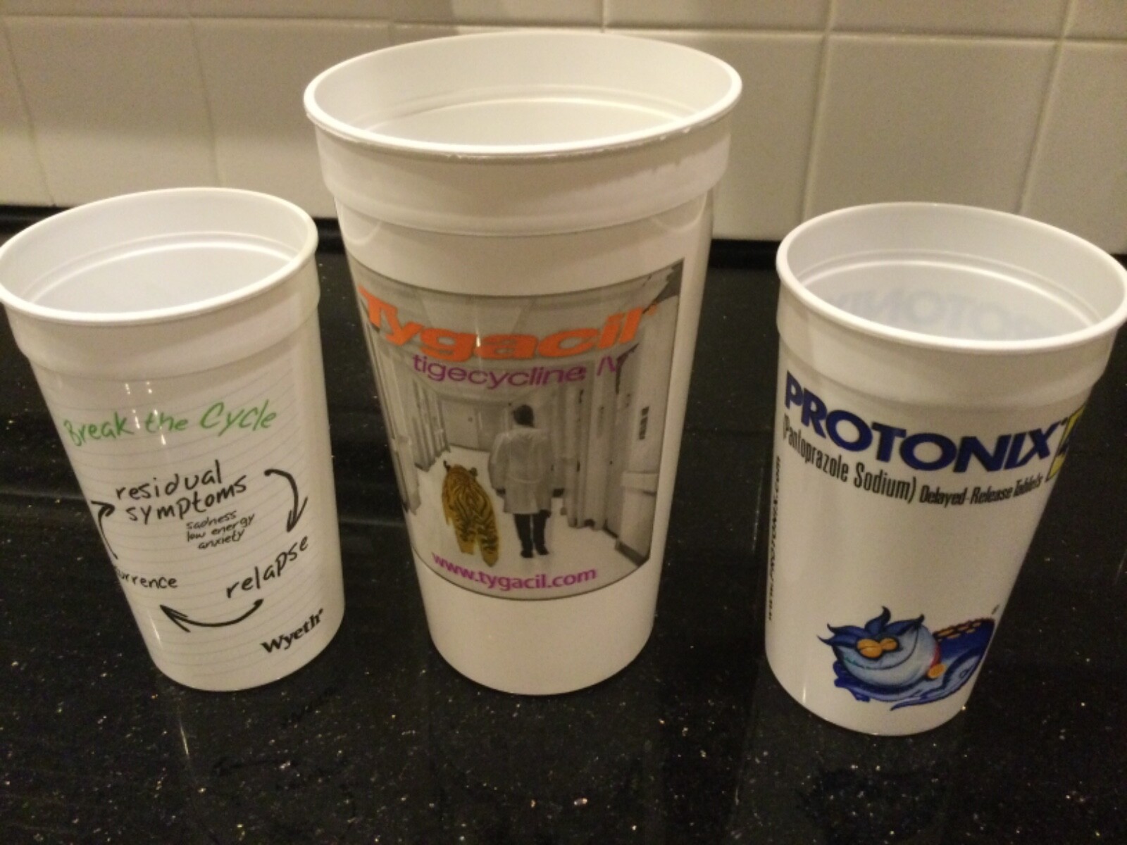 Lot of (3) Drug Rep Wyeth Pharmaceuticals Cups Effexor XR, Protonix, & Tygaci