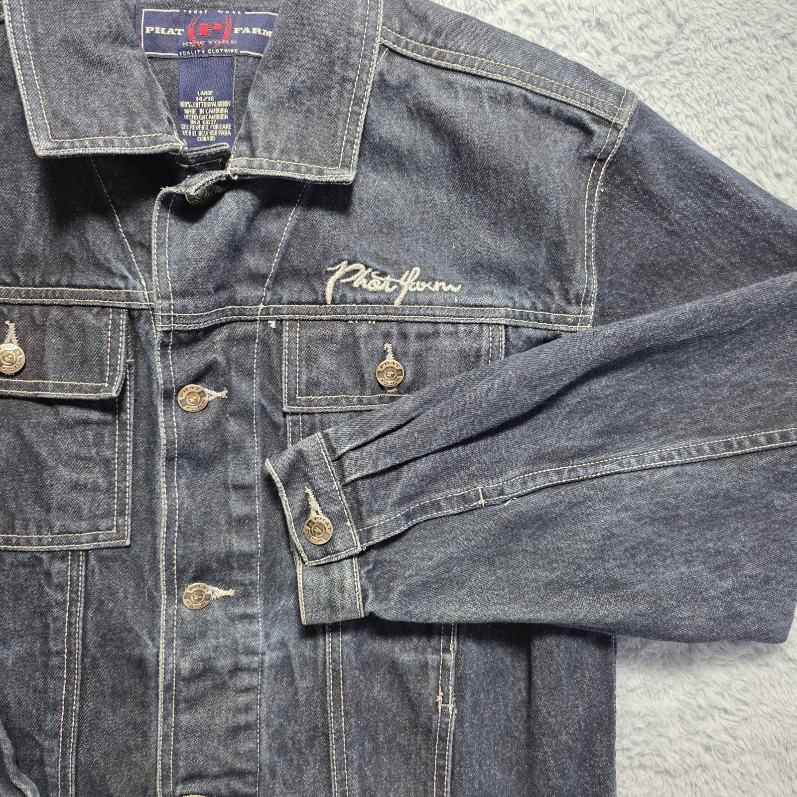 Vintage 90s Y2k Phat Farm New York Men’s Large Denim Trucker Jacket Embroidered