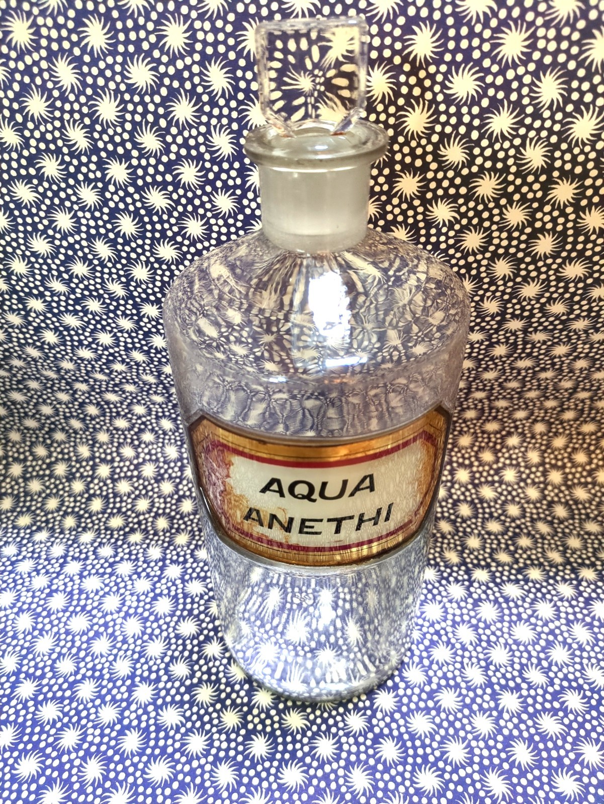 Antique Apothecary / Pharmacy Gold Label Large Glass Bottle AQUA ANETHI