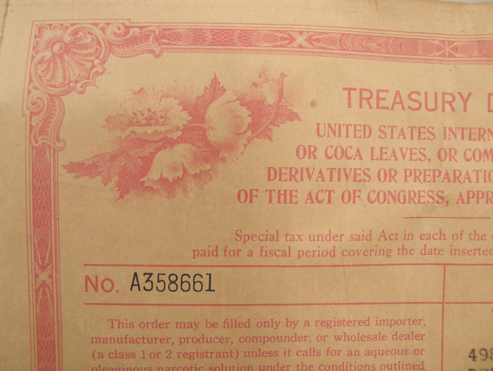 VINTAGE 1936 US TREASURY DEPT REVENUE FORM COCA LEAVES OR OPIUM MACON GEORGIA