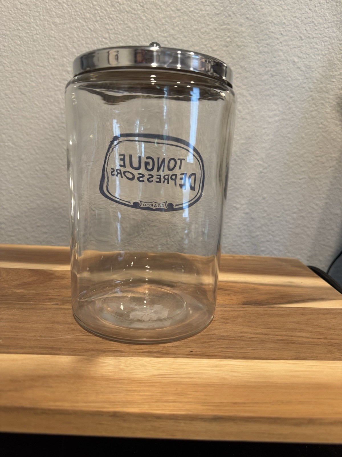 Grafco Medical Apothecary Glass Jar Stainless Lid Blue Letters Tongue Depressors