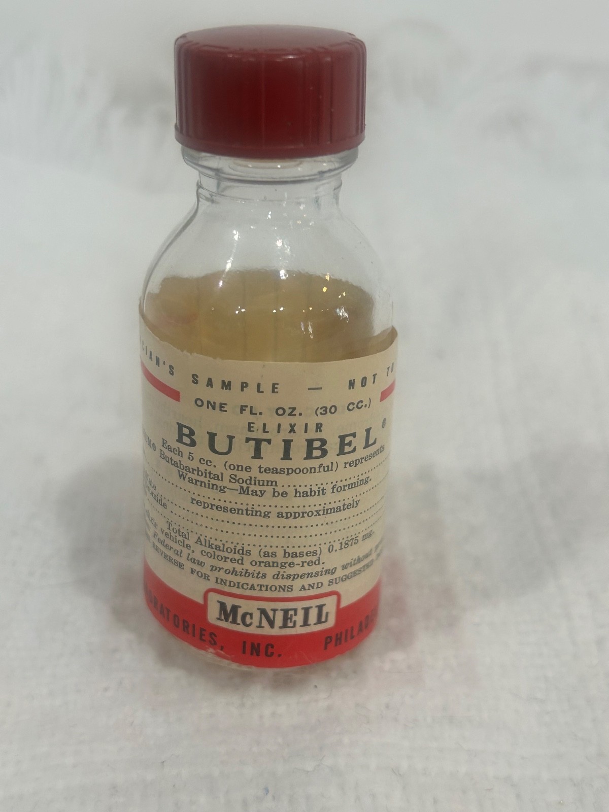 McNeil Butibel Elixir EMPTY VTG Butabarbital Medicine Sample Bottle RARE Pharma
