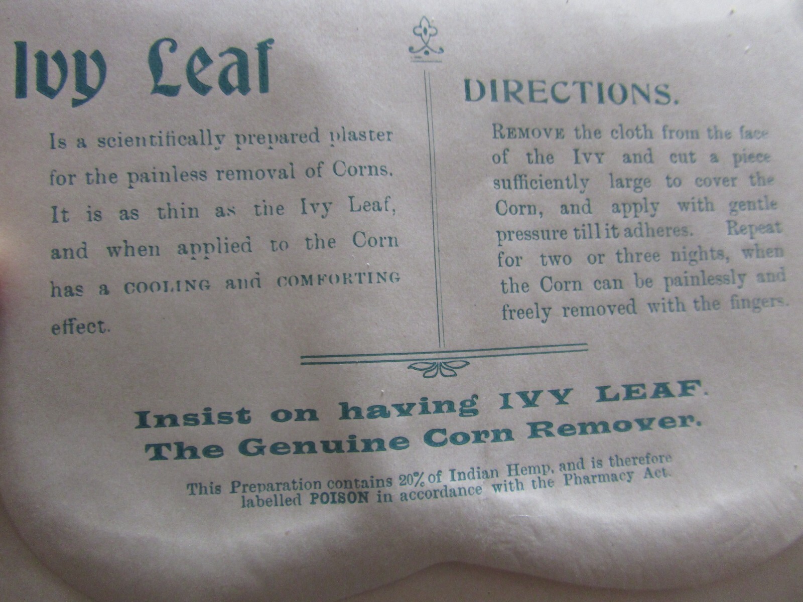 1900s IVY LEAF CORN CURE Paper Envelope CANNABIS Indian HEMP Apothecary PHARMACY