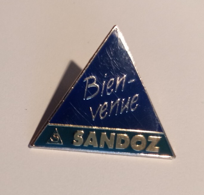 SANDOZ Pharmaceutical Bienvenne Welcome pin badge LSD Albert Hofmann rare
