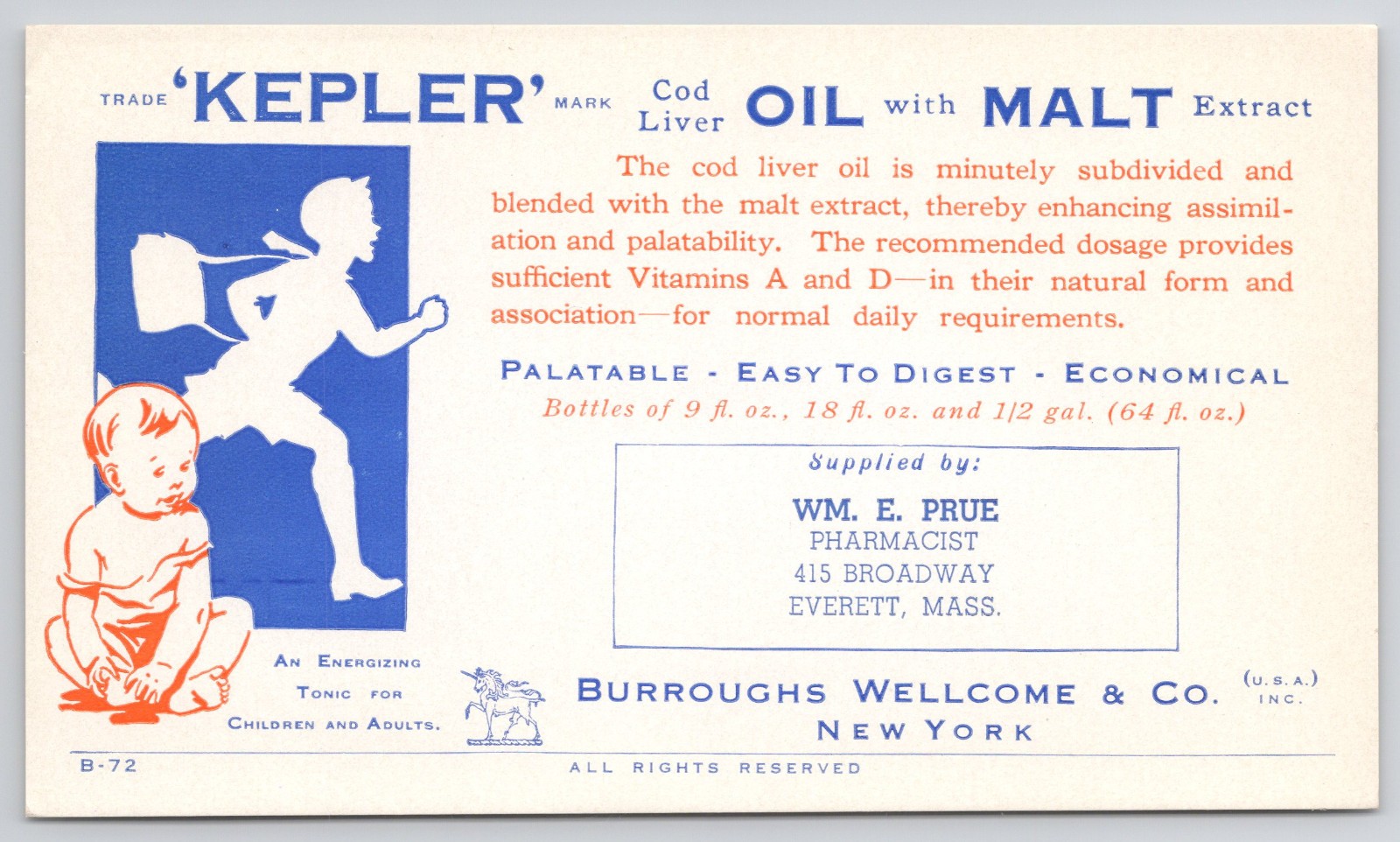 US Burroughs Wellcome & Co Kepler Cod Liver Oil Advertisment 3.5″ x 6″ Blotter