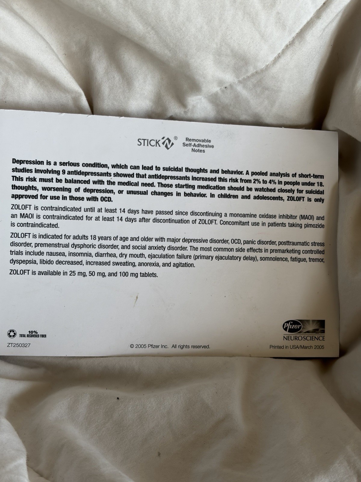 Zoloft 2006 Phizer removable self adhesive paper notes pad Drug Collectable