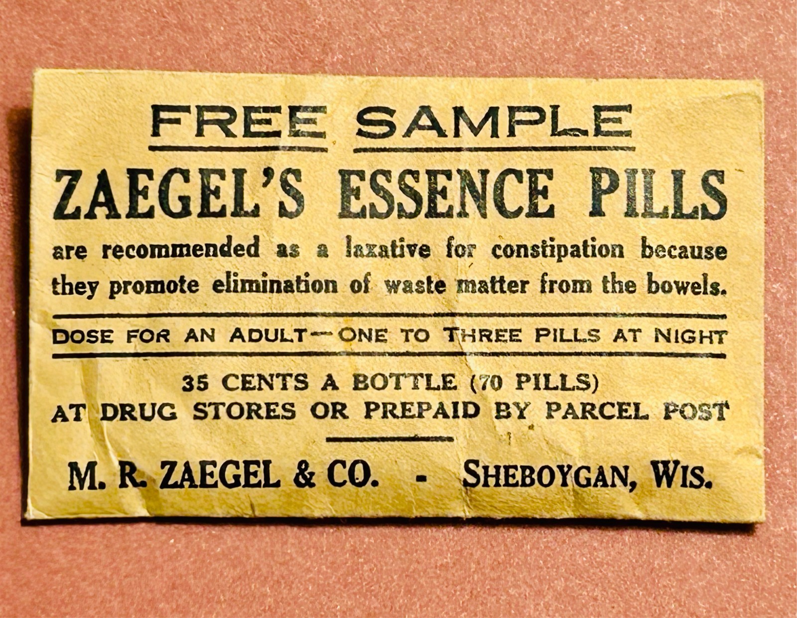 Antique Sample Historical Medicine ZAEGEL’S ESSENCE PILLS LAXATIVE Sheboygan WIS