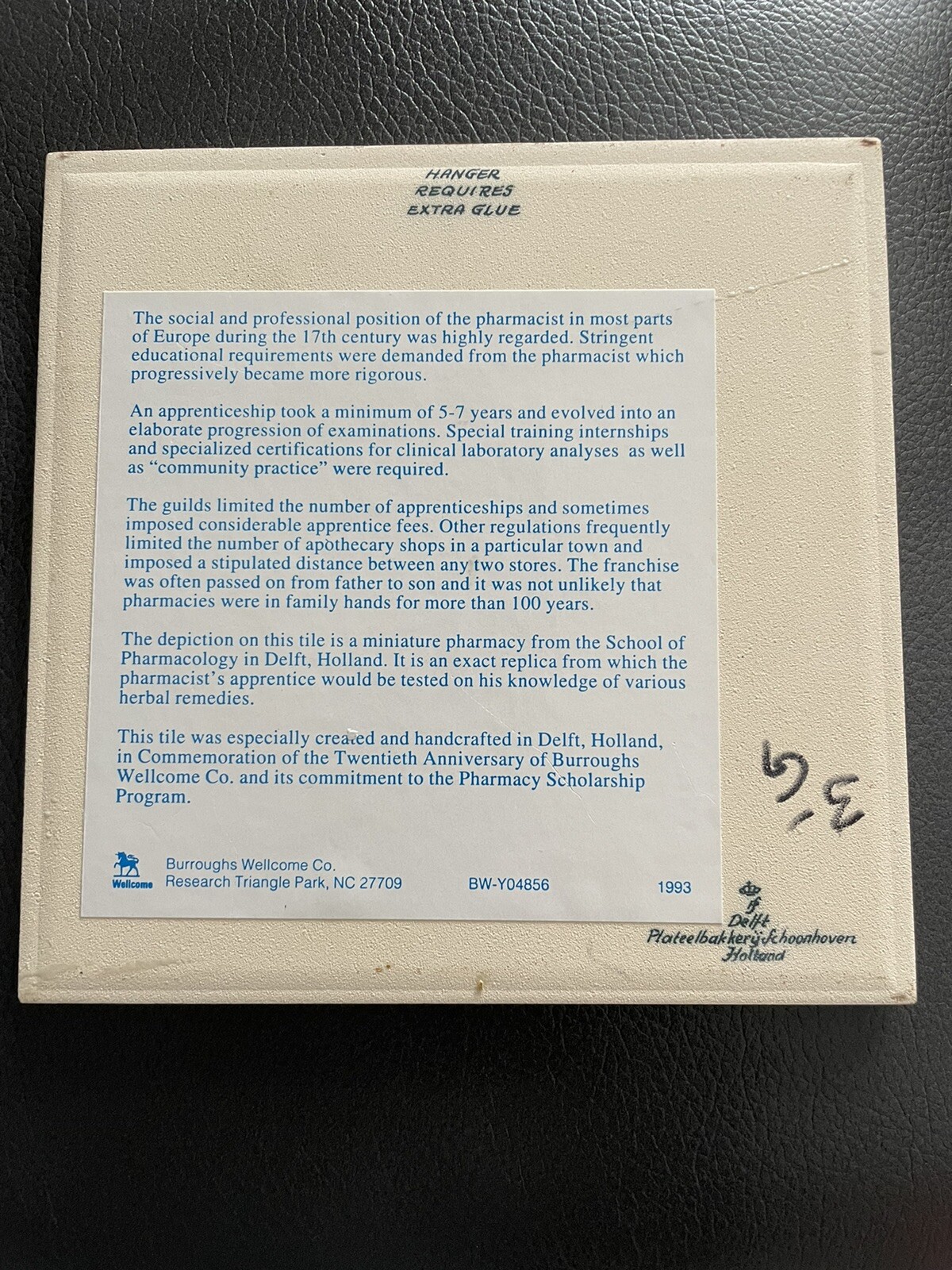 Vintage Blue Delfts Burroughs Wellcome Co Pharmacy Hanging Tile Scholarship 1993
