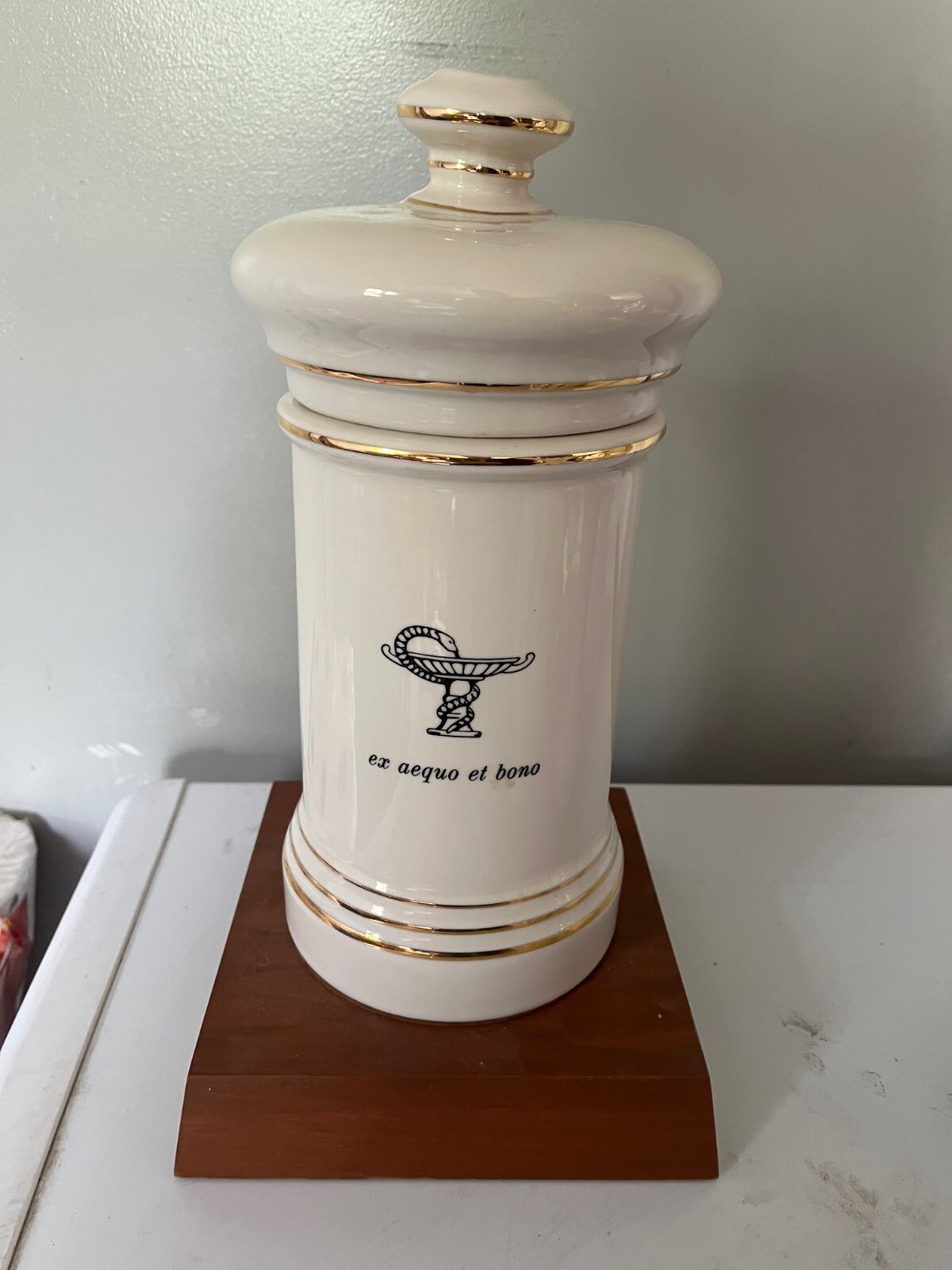 VINTAGE PHARMACY Porcelain APOTHECARY JAR Presentation Award on Stand