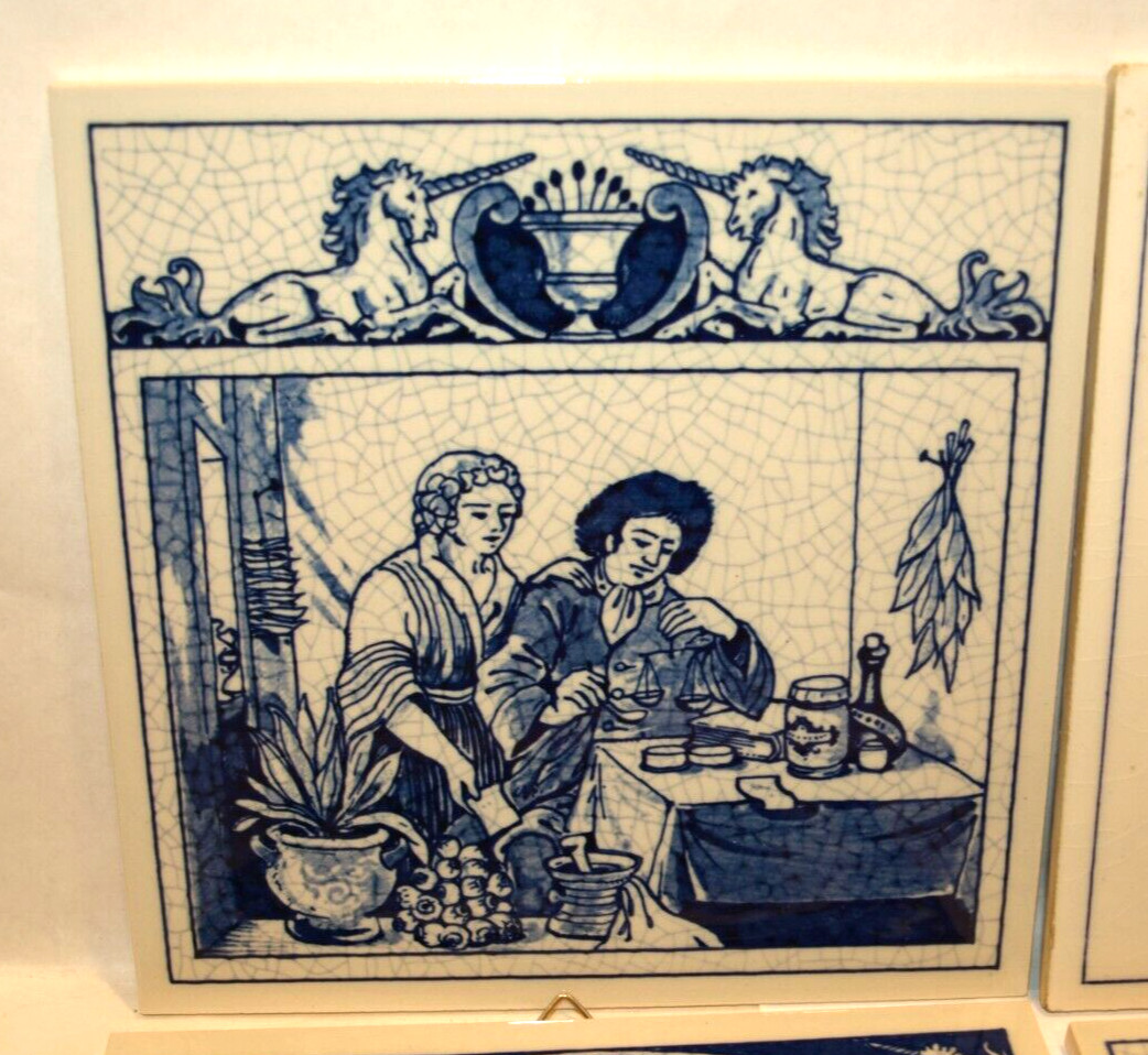 BURROUGHS WELLCOME BLUE DELFT HOMEMADE HOLLAND PHARMACY PILL TILE LOT OF 6, EXC