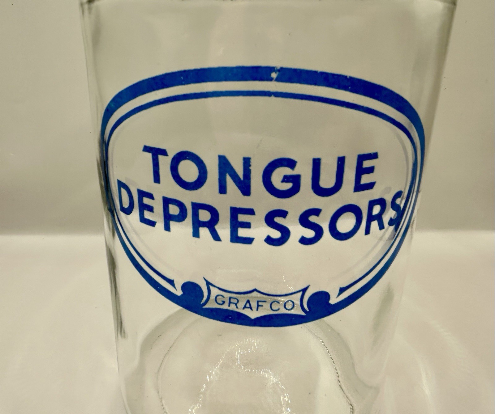 Grafco Medical Apothecary Glass Jar Stainless Lid Blue Letters Tongue Depressors